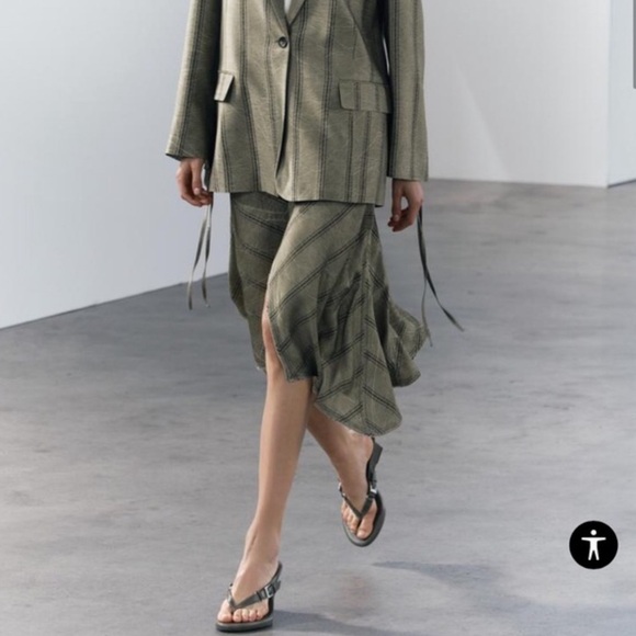 ZARA HIGH-WAIST ZW COLLECTION Pareo MIDI SKIRT Green Striped Size m - Picture 2 of 8